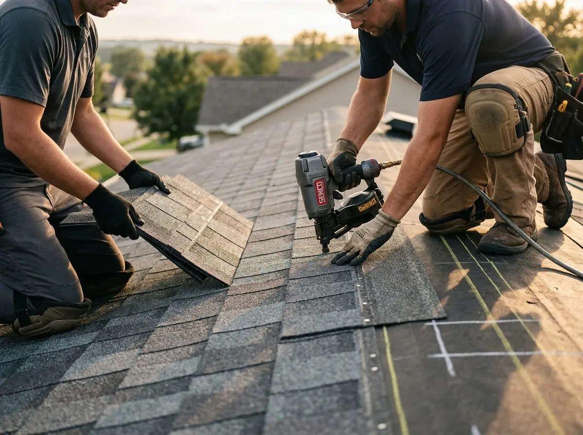 Professional roofer working on a residential roof in Rushville